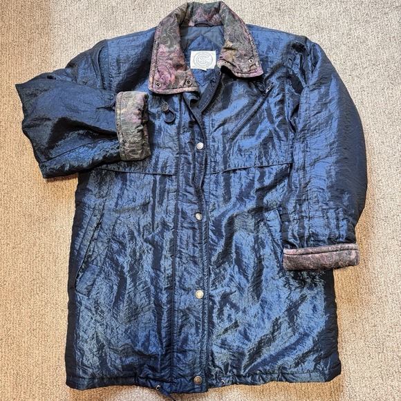 Vtg Current Seen Nylon Blend Blue Iridescent Coat Jacket Snap Lined 80s Winter - Picture 2 of 12